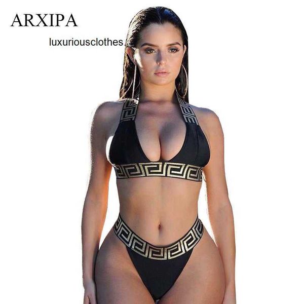 2024 Costumi da bagno da donna ARXIPA Set bikini sexy per le donne Costume da bagno fasciato Crop Top Costumi da bagno Perizoma Costume da bagno Taglio alto Costumi da bagno Stampa solida Nuovo Bather tankini