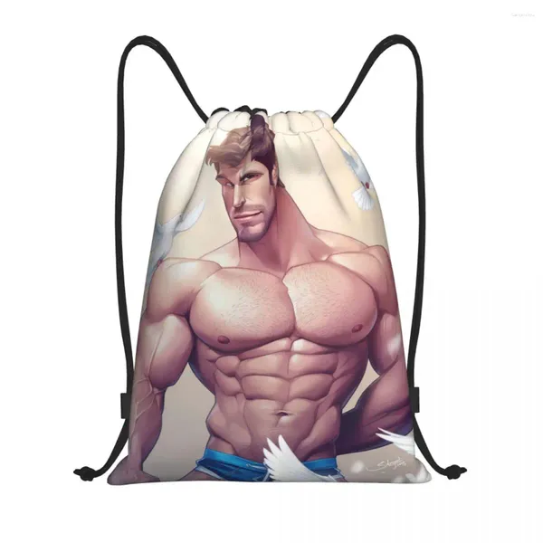 Sacos de compras Sexy Hunk Dos Desenhos Animados Namorado Homem Arte Corporal Gay Cordão Mochila Esportes Ginásio Saco Para Homens Mulheres Treinamento Sackpack