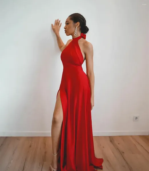 Платья для вечеринок сексуально длинное красное выпускное выпускное выпускное выпускное средство с карманами A-Line Satin High Split Train vestidos de Noche для женщин