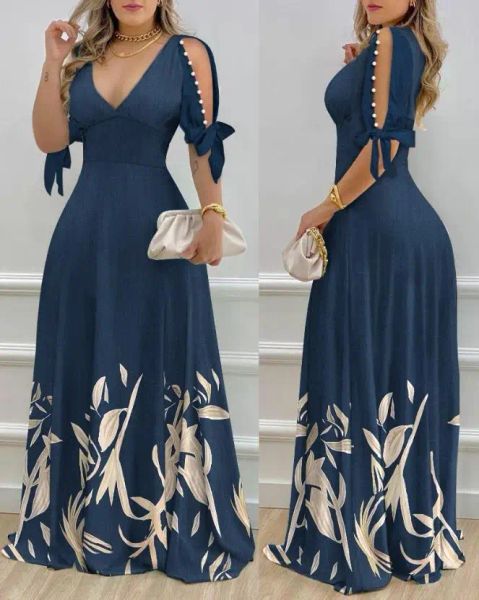 Kleid weiblich Perlen Dekor A-Linie Party Ballkleider Rüschen Pflanzen Prit Design Elegantes Maxikleid mit geteilten Ärmeln und hoher Taille für Frauen