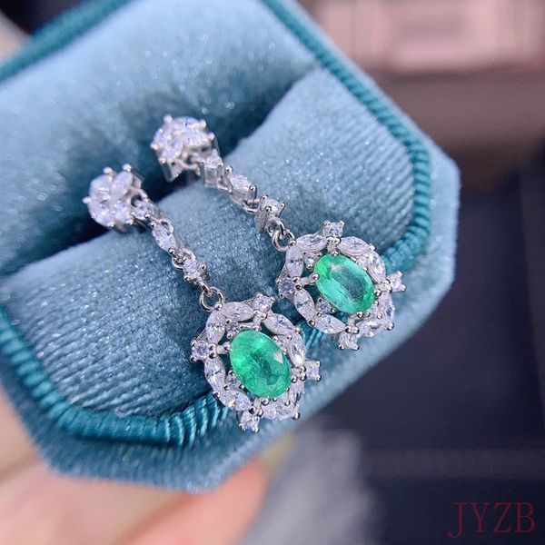 Doğal Emerald Yeşil Küpeler Sterling Gümüş Yaz Vintage Mizaç Tam Elmas Surround Zircon 4*6mm 240229