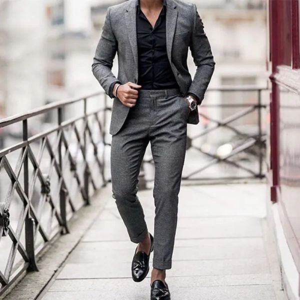 Anzüge 2023 Neues Hochzeitsbräutigam Smokedos für Männer Blazer Jacken Hose 2 Stück Set lässig einfache stilvolle graue Prom Kostüm Homme Maskulino