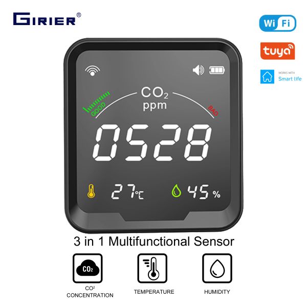 Controle GIRIER Tuya Smart WiFi CO2 Sensor Medidor de dióxido de carbono inteligente Monitor detector de temperatura e umidade com tela LCD 3 em 1 medidor