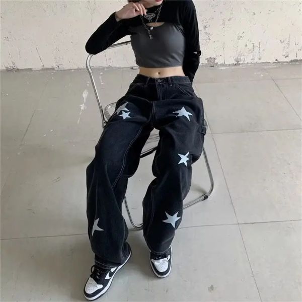Джинсы Y2k, японская уличная одежда, винтажные модные женские черные джинсы, мешковатые брюки большого размера, женские дешевые корейские летние брюки с графическим рисунком, одежда