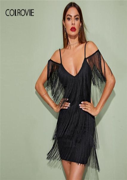 COLROVIE Черное облегающее платье на бретельках с глубоким вырезом и бахромой, женское сексуальное мини-платье без рукавов 2020, весенние тонкие платья-карандаш8601793