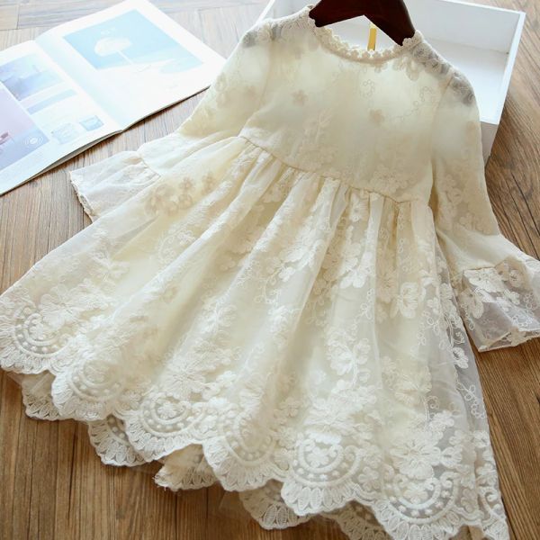 Elbiseler Kızlar Elbise Nakış Prenses Partisi Sonbahar Bahar Çocuk Çocukları Giysileri Zarif Mor ve Beyaz 38t Dantel Çiçek Kız Elbise