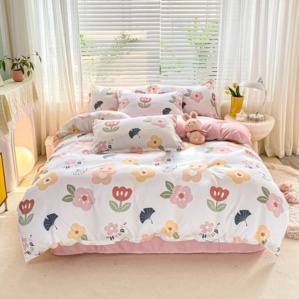 Set Cartoon Blumen und niedliches Kaninchen -Design weiche und bequeme Bettwäsche dekorativ 3 -teilige Bettdecke mit 2 Kissenschamern Vorhänge
