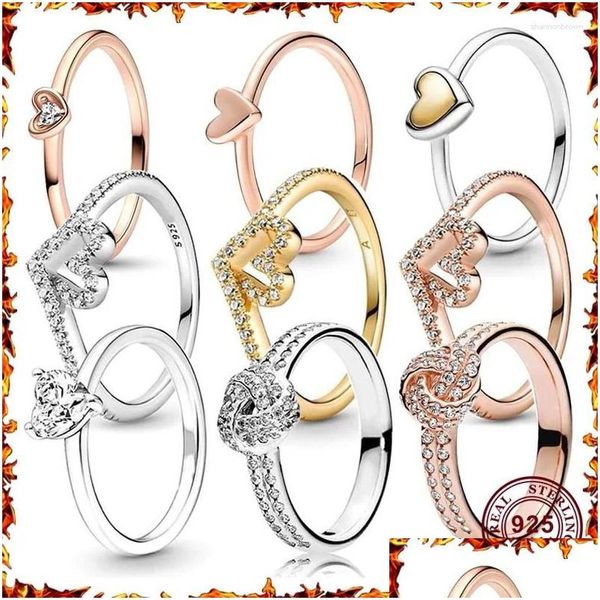 Cluster Ringe 925 Silber Glänzender Wunschknochen Ewige Liebe Herz Damen Logo Ring Hohe Qualität DIY Mode Charme Schmuck Drop Lieferung Dhv9F