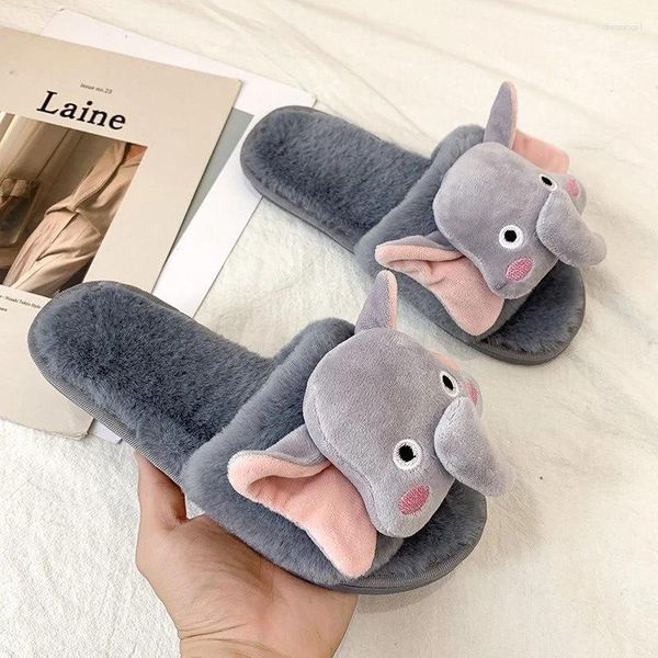 Sandalen 2024 Indoor Winter Damen Plüsch Hausschuhe Niedliche Cartoon Tiere Elefant Schlafzimmer Flache Schuhe