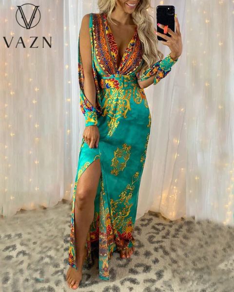 Kleider Vazn 2021 Party Schwanz Plissee Boho Stil Druck Kleid Frauen Elegante Mode Kleid Dünnes Kleid Club Geburtstag Shinny Kleid