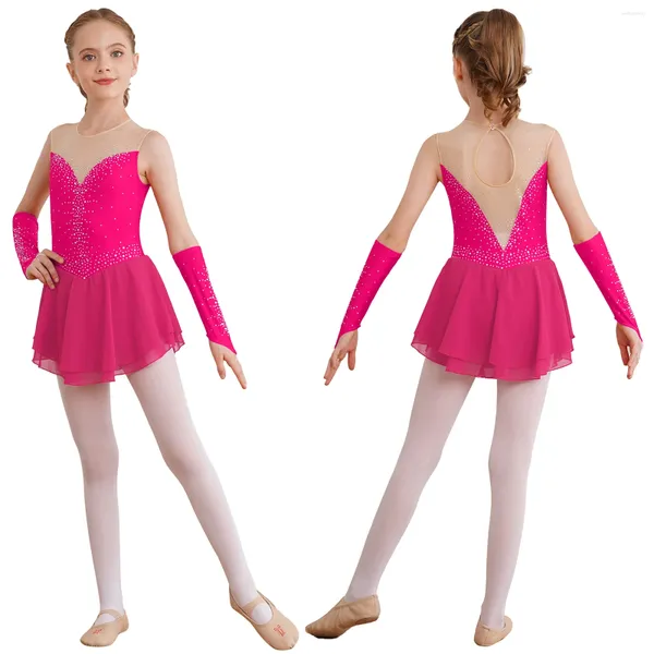 Abbigliamento da palcoscenico Vestito da pattinaggio artistico per ragazze per bambini Balletto Ginnastica Costume da performance di danza lirica Tutu body con strass lucidi con guanti