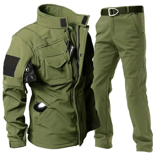 Jaqueta de inverno e calças de lã define homens tático à prova de vento à prova dwindproof água ternos vintage militar ao ar livre térmico swat combate uniforme 240220