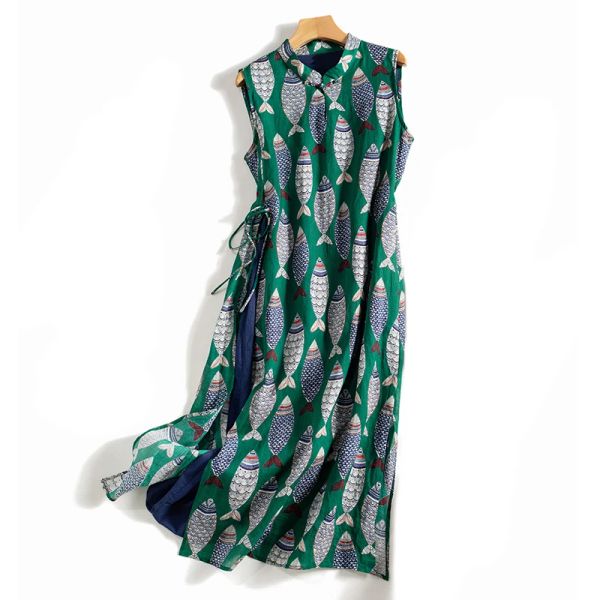 Vestido de linho vintage vestido de verão moda peixe padrão transparente fino cintura solta mangueira feminina colar de gola em pé Aline Midwaist Dress