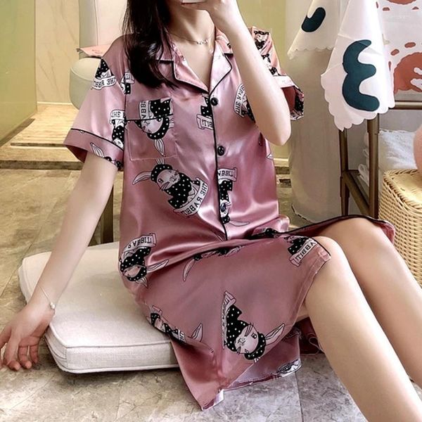 Mulheres sleepwear 2024 cetim seda pijama vestido para mulheres manga curta turn-down colarinho sleep robe nightgowns homewear meninas loungewear