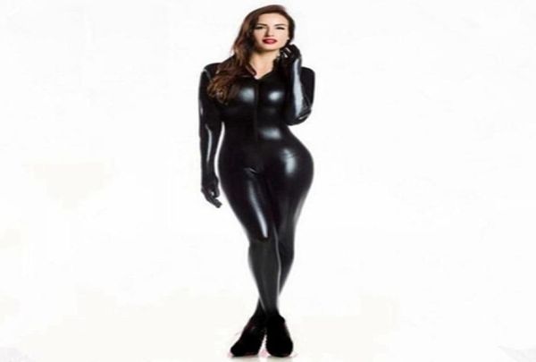 Mulheres sexy wetlook pvc látex lingerie bodysuit com luvas virilha aberta clubwear fetiche catwoman trajes de gato de couro falso y2004810945