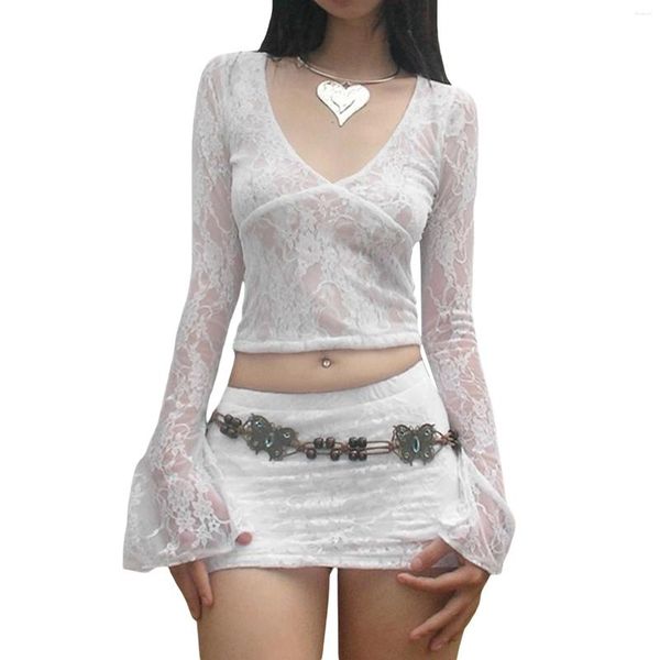 Mulheres camisetas Mulheres Lace Crop Tops Fada Grunge V Pescoço Ver através de Sheer Malha Camisa Punk Slim Fit Manga Longa