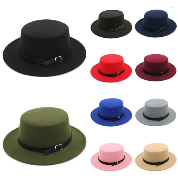 Berets LUCKYLIANJI Damen Wollfilz Boater Dome Oval Flat Top Bowler Porkpie Hat Gürtelschnalle (Einheitsgröße: 58 cm -7 1/4)