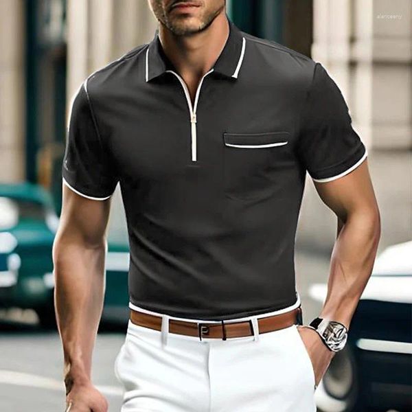 Polos masculinos verão viajando casual manga curta camisa polo no peito zip bolso camiseta respirável roupas de escritório