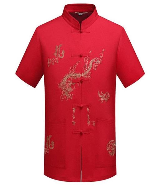 Men039s camisas casuais chinês tradicional tang roupas superior gola mandarim wing chun vestuário manga curta bordado dragão sh5159525