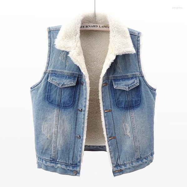 Coletes femininas inverno grosso cordeiro lã forro denim colete mulheres colete solto curto sem mangas jaqueta casaco vintage luz azul jeans feminino