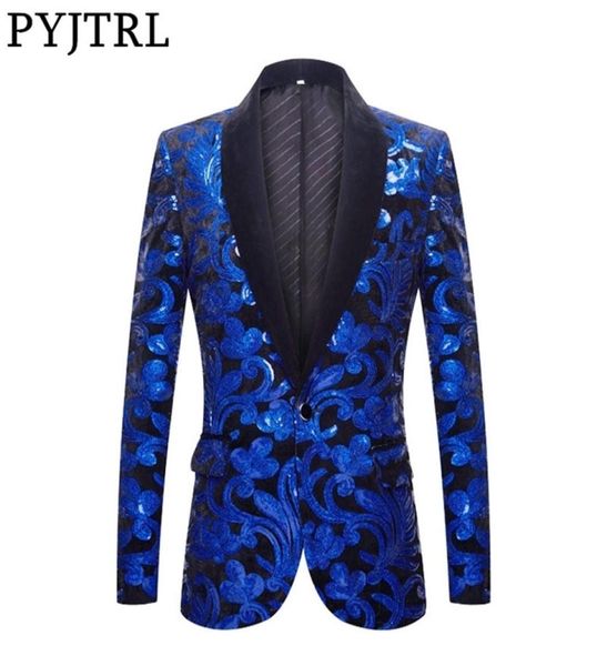 PYJTRL Serie Uomo Royal Blue Velluto nero Floreale Paillettes lucide Blazer Matrimonio Sposo Prom Cantante Giacca slim Y2010268526650