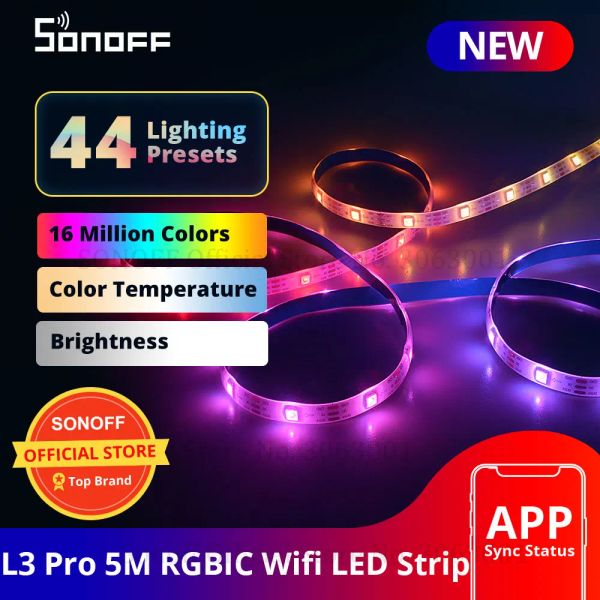 Управление SONOFF L3 Pro 5M RGBIC Wi-Fi Интеллектуальные светодиодные ленты 16,4 фута Беспроводное дистанционное голосовое/локальное управление Тип C Адаптер DC5V Умный дом