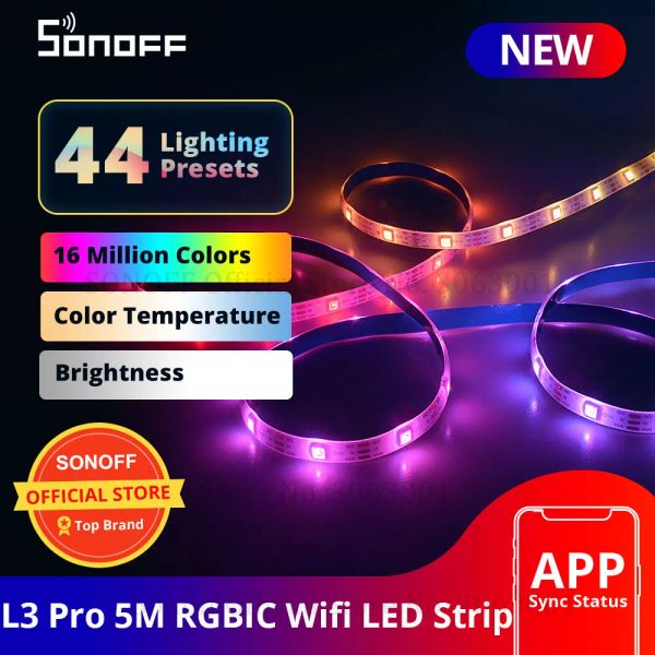 Controle sonoff l3 pro 5m rgbic wifi inteligente luzes de tira led 16.4ft sem fio remoto voz/controle local tipo c adaptador dc5v casa inteligente