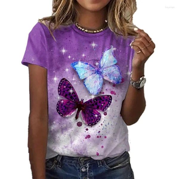 Camiseta feminina verão borboleta camiseta flor pintura impressa gola redonda manga curta camisetas casuais para mulheres