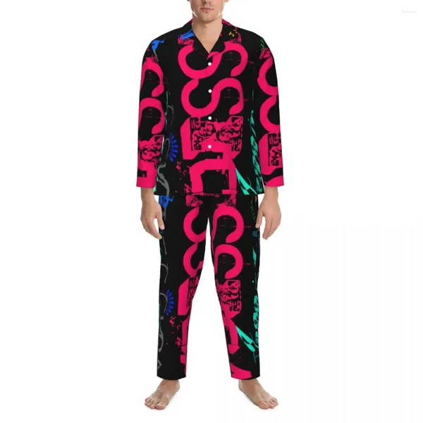 Pijamas masculinos pijamas masculinos letras palavra arte quarto abstrato graffiti 2 peças casual pijama conjuntos de mangas compridas oversize casa terno