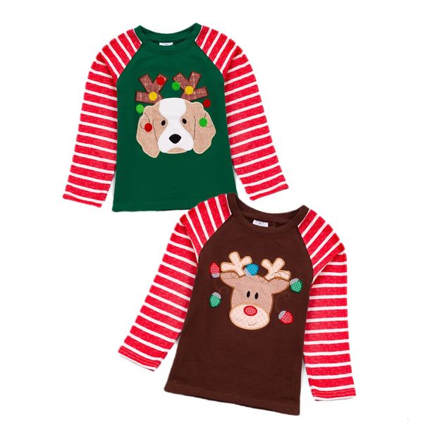 Girlymax Winter Weihnachten Jungen Langarm T-Shirt Boutique Baumwolle Streifen Hund Stickerei Pullover T-Shirts Kinderkleidung 240220