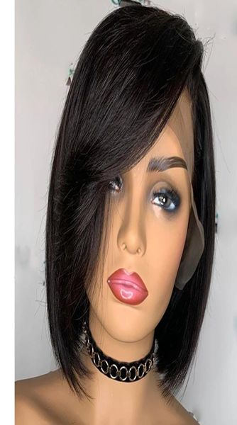 Indiano lado reto franja 13x6 transparente frente do laço perucas de cabelo humano remy 360 frontal seda topo completo laços curto bob franja peruca b5895586