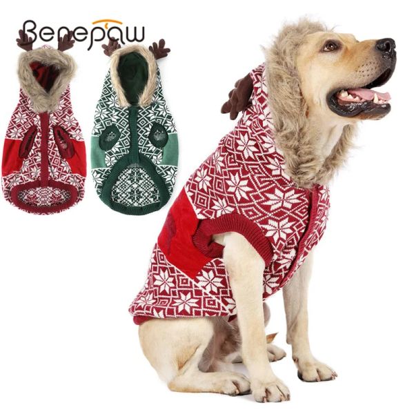 Camisolas Benepraw Sweater de cão de Natal Inverno de rena quente com capuz de malha de malha Cat Puppy Roupos de animais de estimação para cães médios pequenos