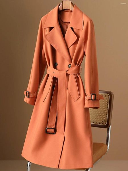 Jeans femininos estilo ocidental laranja trench coat comprimento médio outono europeu high-end pequeno e versátil trabalho de temperamento