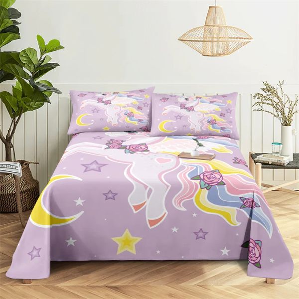 Setler Unicorn Yatak Çizemi Ev Dijital Baskı Polyester Yatak Düz Sayfa Yastık Kılıfı Baskı Yatak Sayfası