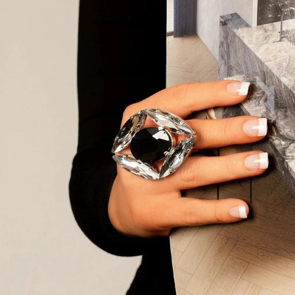 Anelli a grappolo Stonefans Nuziale Nero Grande cristallo Accessori per dita da donna 2024 Gioielli da sposa Bling Dichiarazione Anello aperto Gioielli regolabili