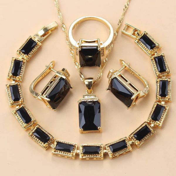 Conjuntos de jóias de cor de ouro árabe dubai traje de casamento nupcial preto zircônia pulseira clipe brincos conjuntos de colar africano para mulher 240221