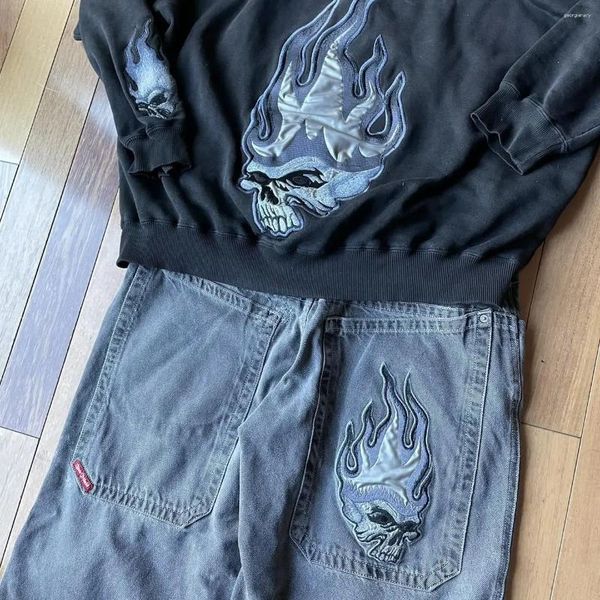 Tracksuits masculinos JNCO Streetwear Terno Y2K Mens Hip Hop Crânio Bordado Baggy Jeans Oversized Hoodie Dois Peça Set Calças Moletom