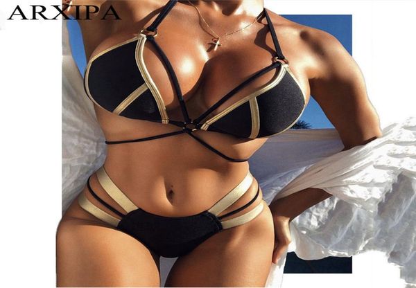 ARXIPA Gold Stamping Sexy Bikini Set Cut Out Mulheres Swimwear Big Cup Maiô Tanga Maiô Halter Beachwear Preto Verão Bath5438699