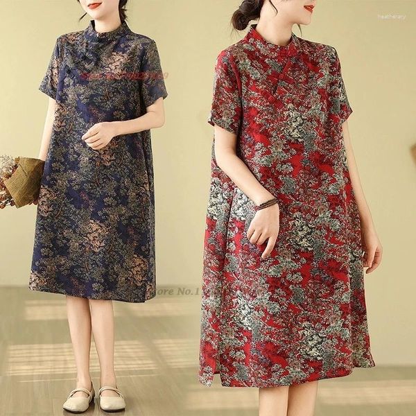 Abbigliamento etnico 2024 Abito tradizionale cinese Migliorato Cheongsam Nazionale Cotone Lino Stampa floreale Qipao Oriental A-line