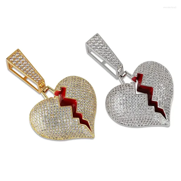 Collane con ciondolo Collana con ciondoli a forma di cuore spezzato con micro pavé di zirconi cubici per uomo Gioielli rapper hip-hop