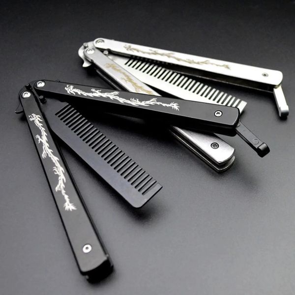 Pente dobrável de aço inoxidável prática treinamento borboleta faca pente barba bigode escovas cabeleireiro estilo ferramenta 240301