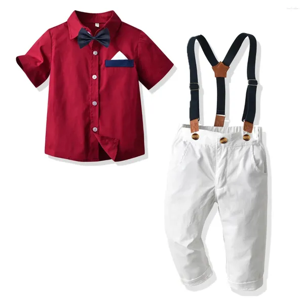 Conjuntos de roupas crianças menino de manga curta camisa azul vermelha desgaste formal 4 peças conjunto bebê casamento festa de aniversário cavalheiro terno