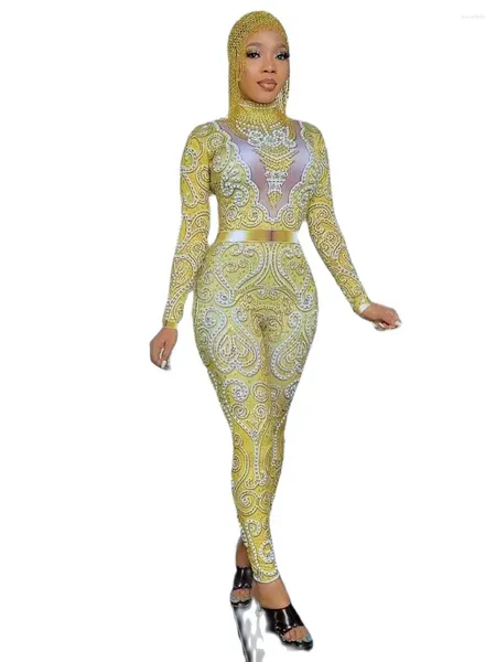 Сценическая одежда, комбинезон с золотыми и желтыми кристаллами и жемчугом, сексуальный обтягивающий серебристо-серый боди со стразами, женский костюм для DJ Bar Singer Catwalk