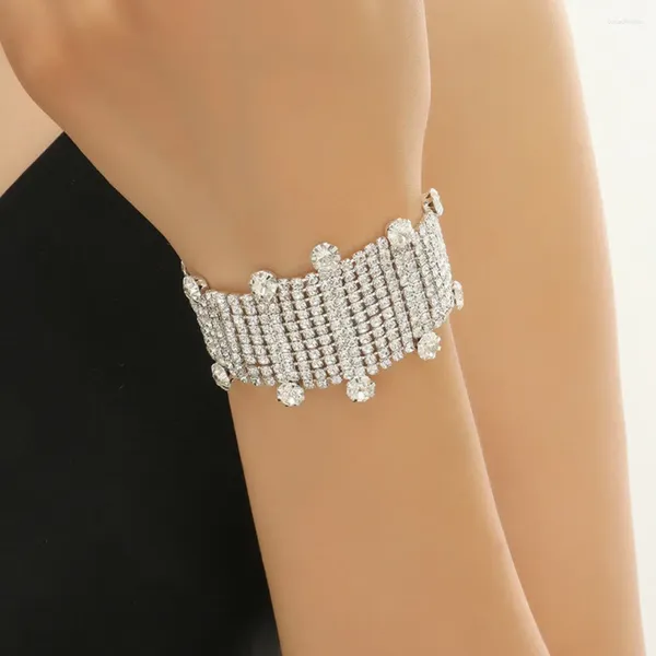 Charme pulseiras ins luxo cristal casamento múltiplas linhas larga pulseira mão jóias para mulheres brilhante strass nupcial pulseira geométrica