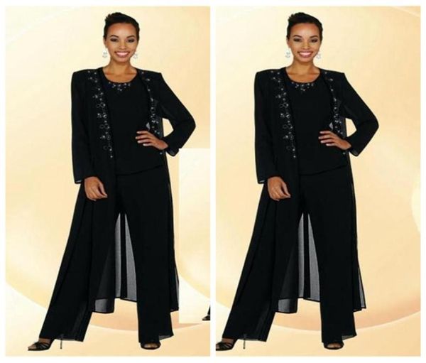 2016 Siyah Şifon Gelin Pantolonunun Annesi Boncuklu Yaka Uzun Kollu Ceket Özel Resmi Gece Elbiseleri6082506