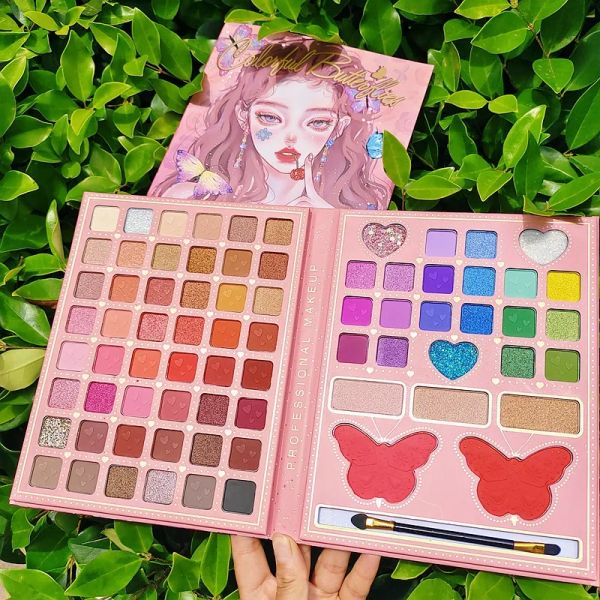 Sombra 74 cores livro forma borboleta menina paleta de sombra fosca com pincel glitter sombra de olho blush pigmento maquiagem profissional