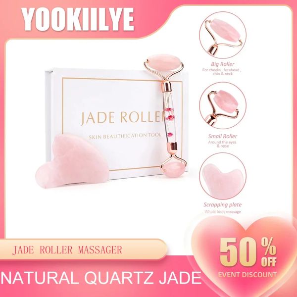 Roller Gesichts Jade Roller Geräuschlos Rosenquarz Gua Sha Set Massagegerät für Gesicht Körper Hals Rücken Abnehmen Lifting Hautpflege natürliche Jade