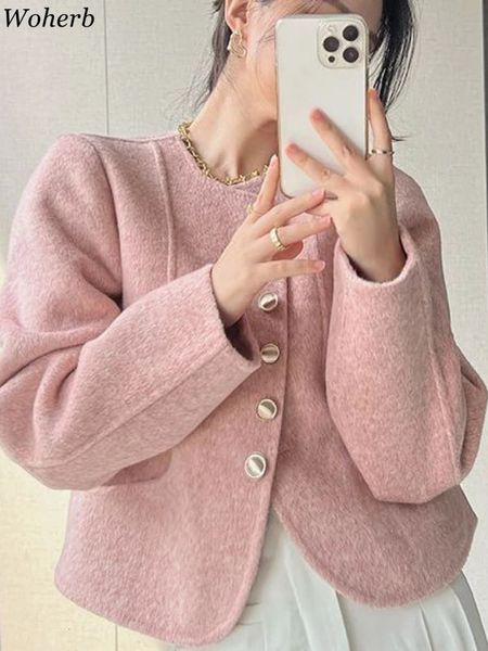 Herbst Frau Solide Einreiher Temperament Tops Frauen Kleidung Oansatz Tunika Mode Caot Koreanische Vintage Y2k Tweed Jacke 240301