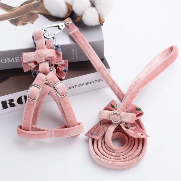 Guinzaglio collare per cani floccato rosa floreale con strass per cani di piccola taglia Pettorina per animali domestici rosa bianca Princess Cat Comfort Walking Pitbull Carlini