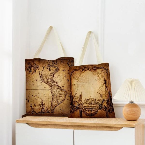 Alışveriş çantaları vintage eski harita desen pazarı eko çanta çift taraflı baskı tasarım taşınabilir el çantası katlanabilir açık rahat depolama